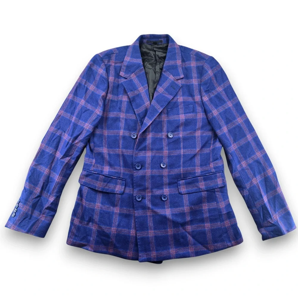 Devil's Advocate Suit Mens 44 Blue Red Plaid Double Breasted Wool Blend 36x32